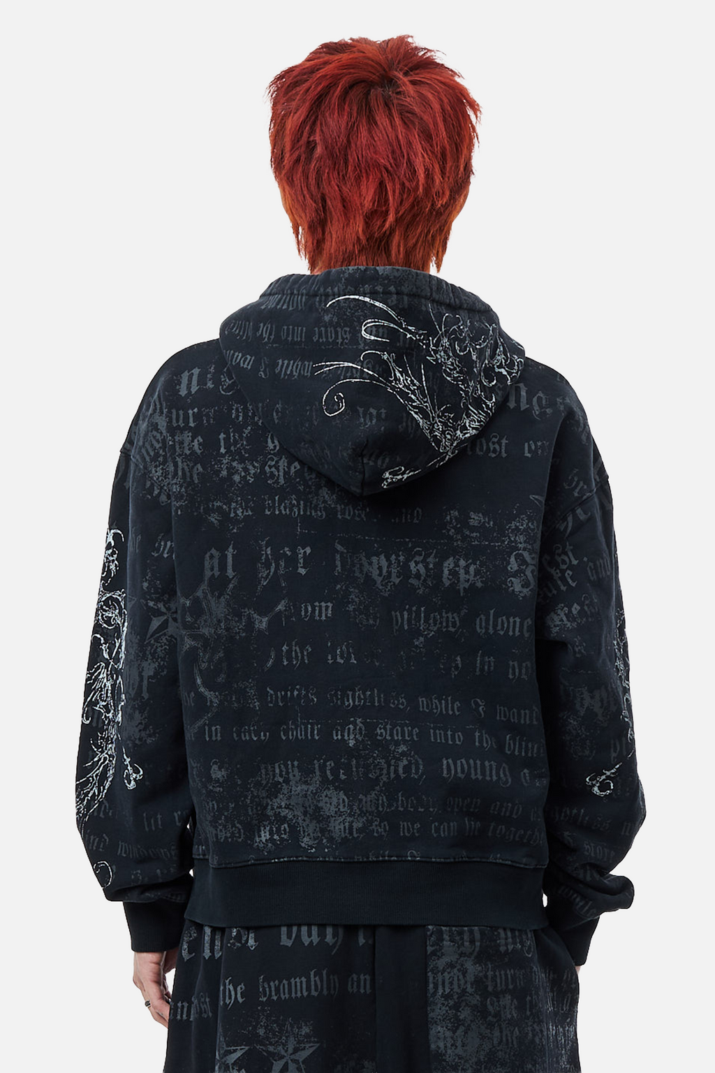 Men's black hooded zip hoodie with text and ornamental graphics