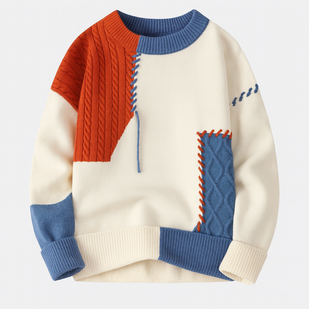 Unisex patchwork cable knit sweater with contrasting panels