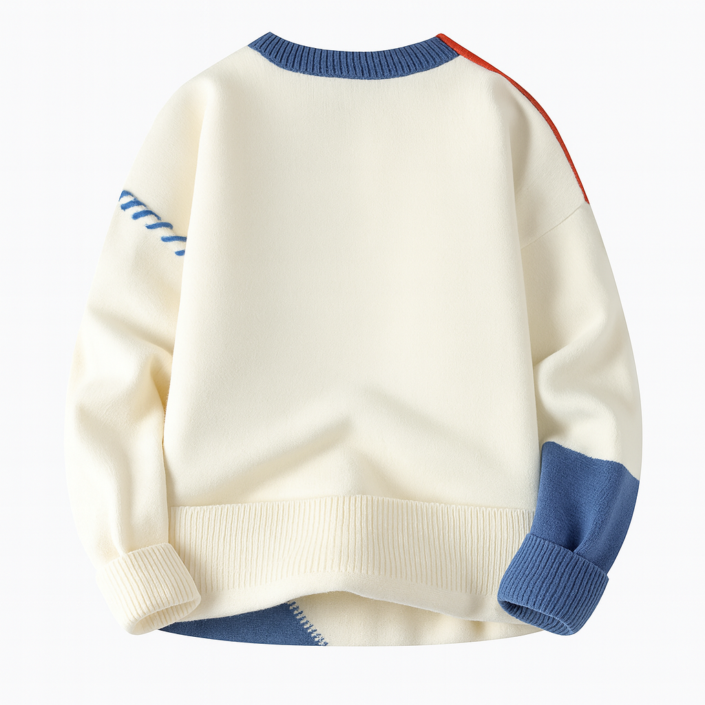 Unisex patchwork cable knit sweater with contrasting panels
