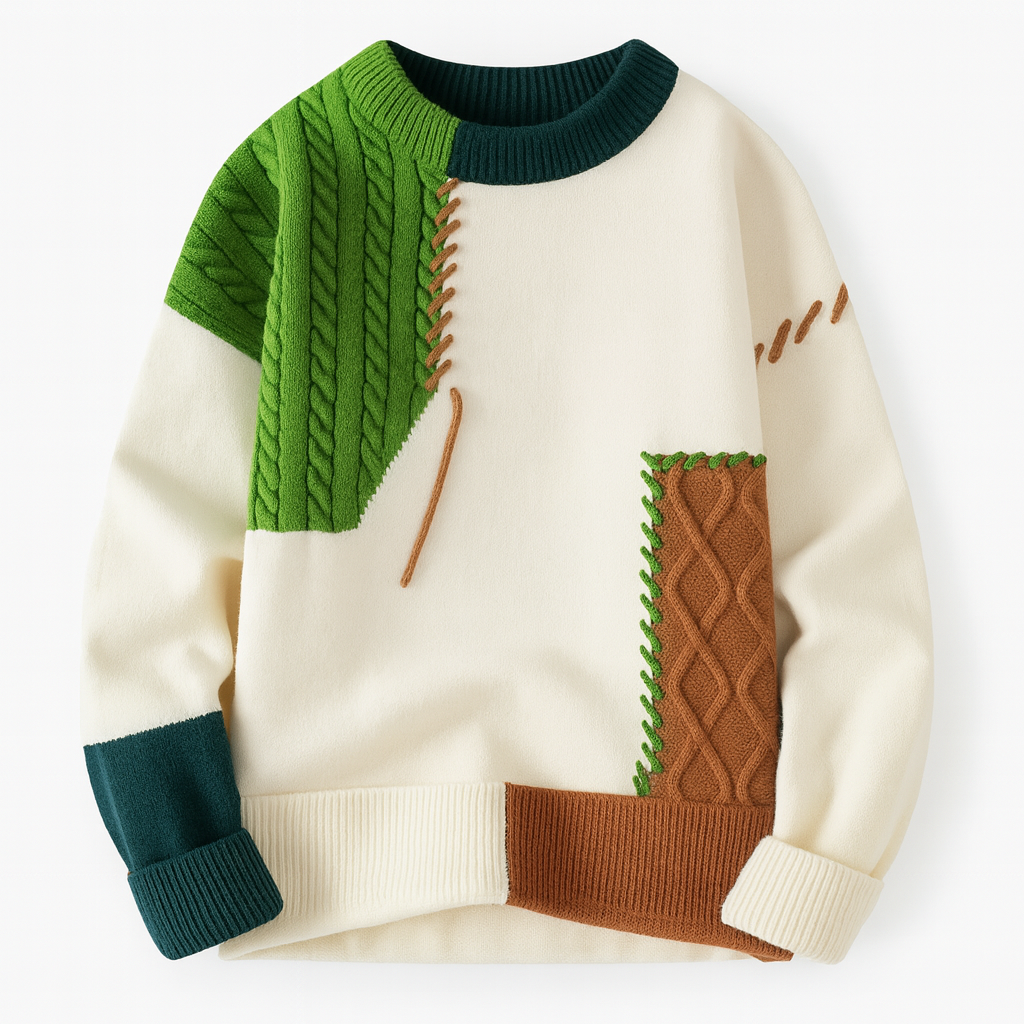 Unisex patchwork cable knit sweater with contrasting panels