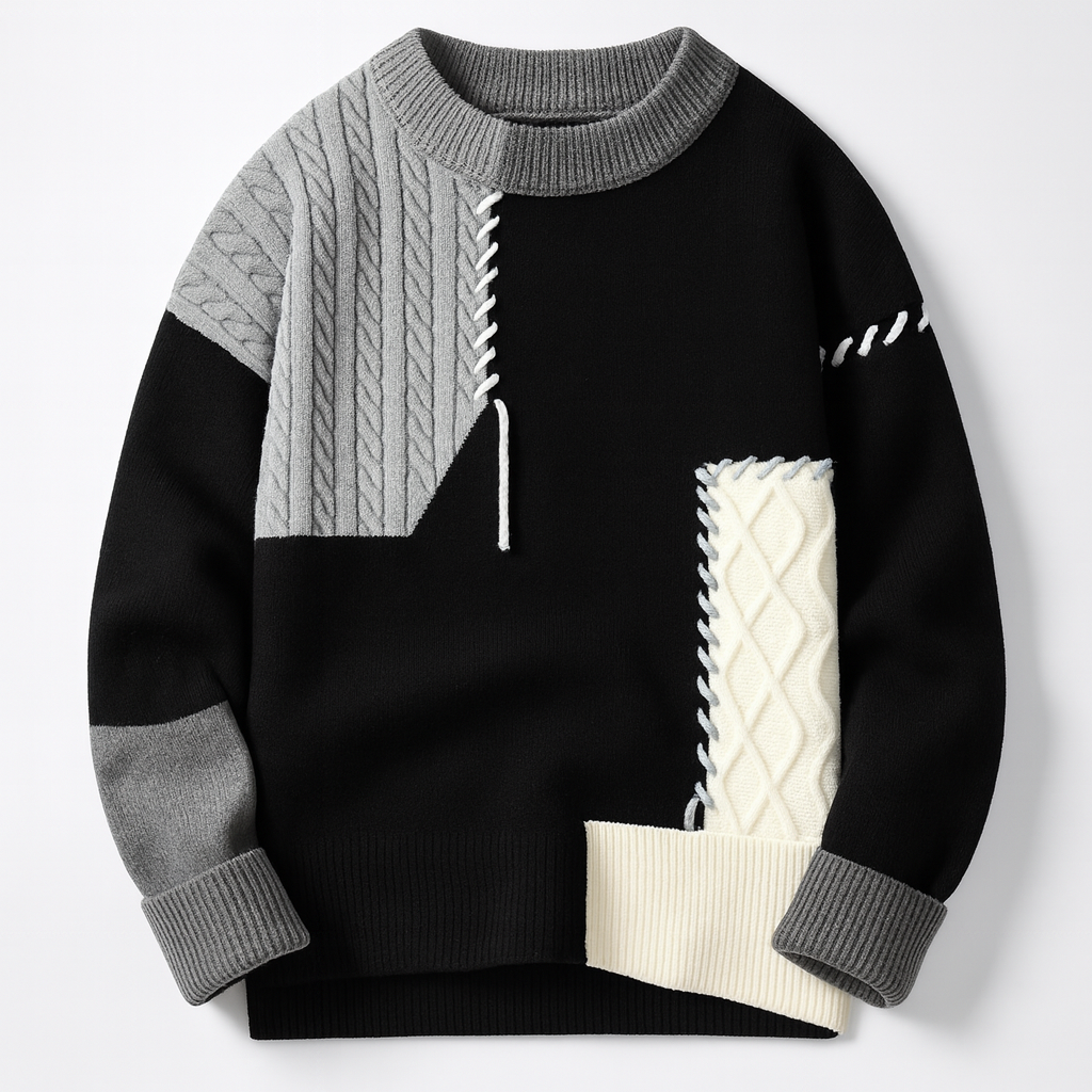 Unisex patchwork cable knit sweater with contrasting panels