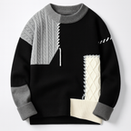 Unisex patchwork cable knit sweater with contrasting panels