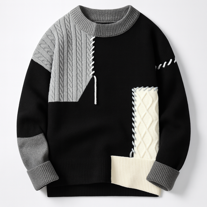 Unisex patchwork cable knit sweater with contrasting panels