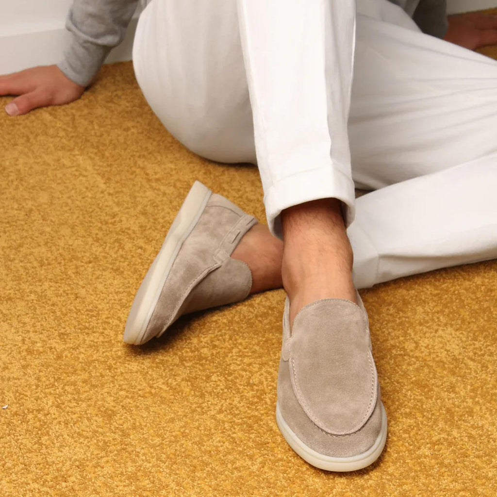 Men's suede yacht loafers with moc toe stitching and flat soles