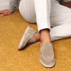 Men's suede yacht loafers with moc toe stitching and flat soles