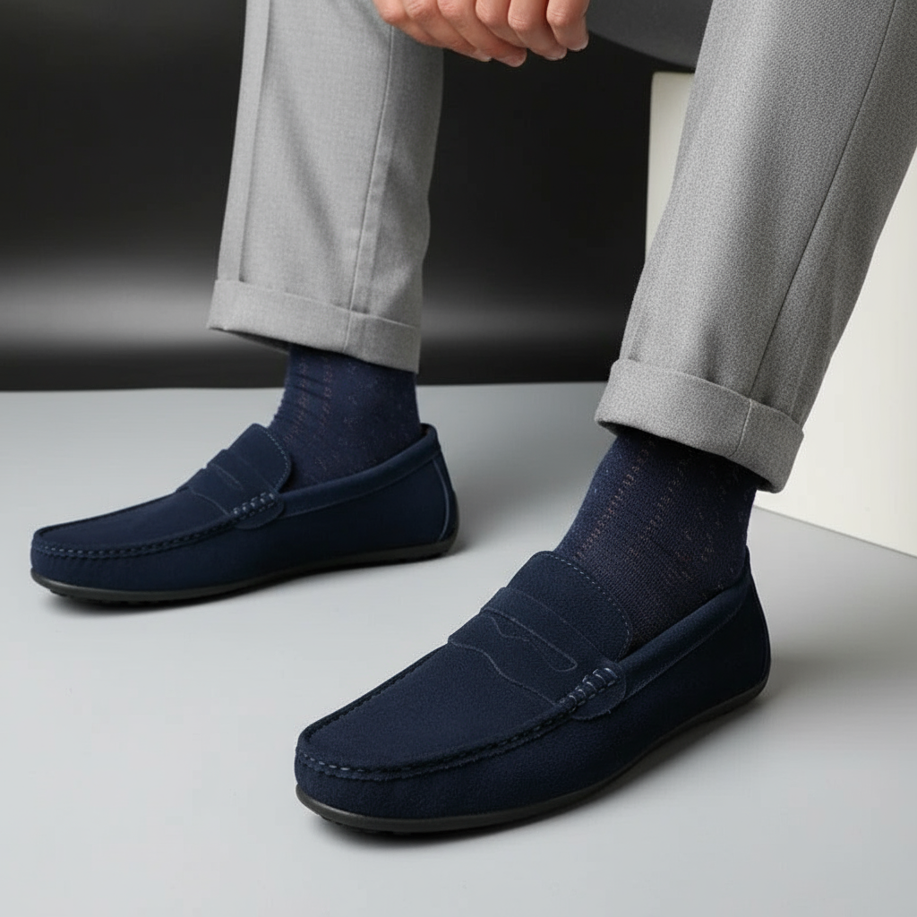 Men's slip-on loafers with moccasin stitching and flat soles