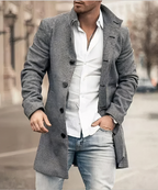 Men's textured stand collar coat with button front and patch pockets