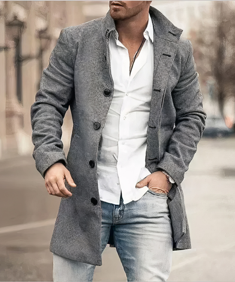 Men's textured stand collar coat with button front and patch pockets