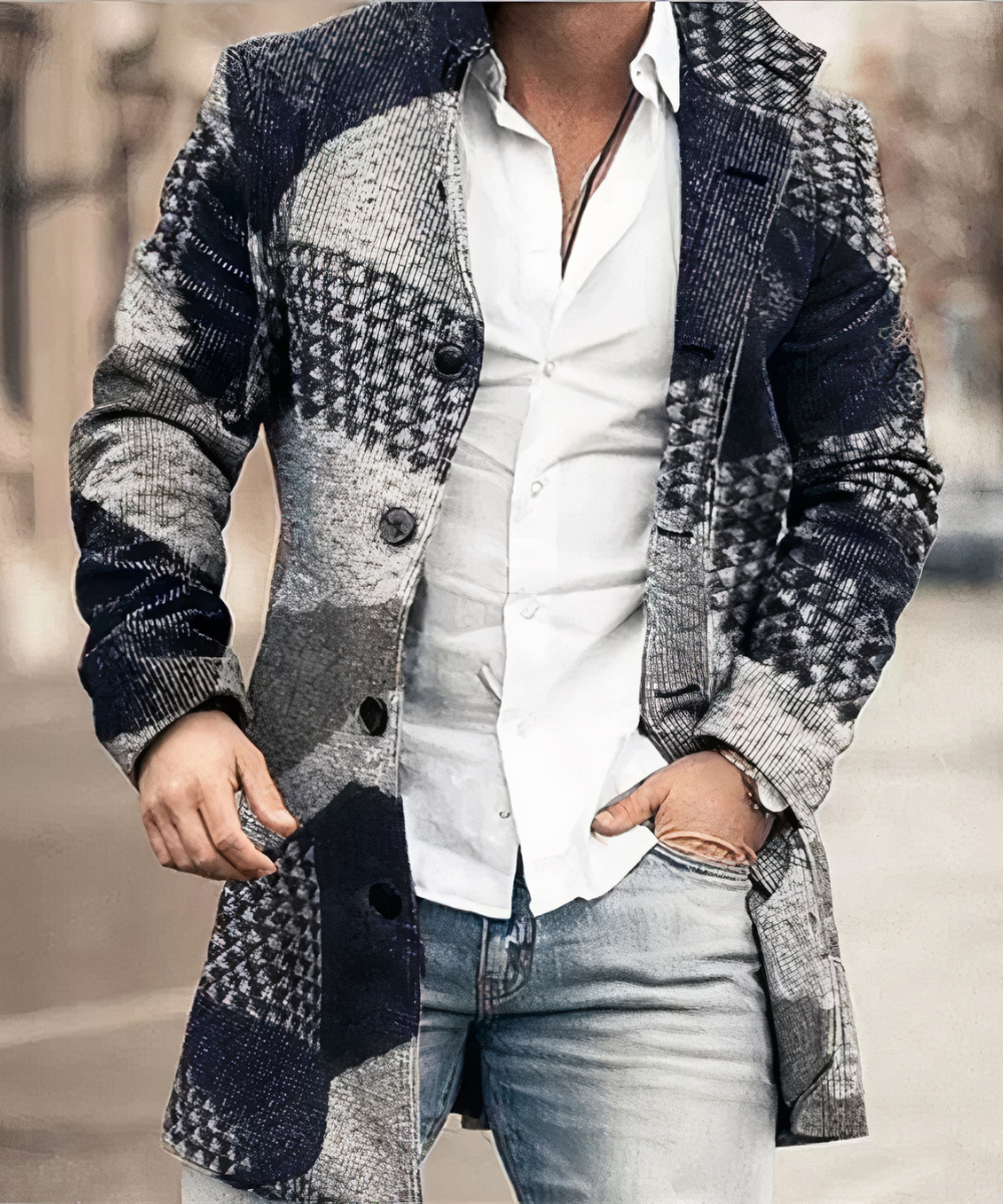 Men's textured stand collar coat with button front and patch pockets