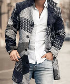 Men's textured stand collar coat with button front and patch pockets