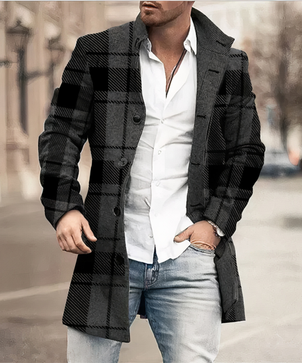 Men's textured stand collar coat with button front and patch pockets