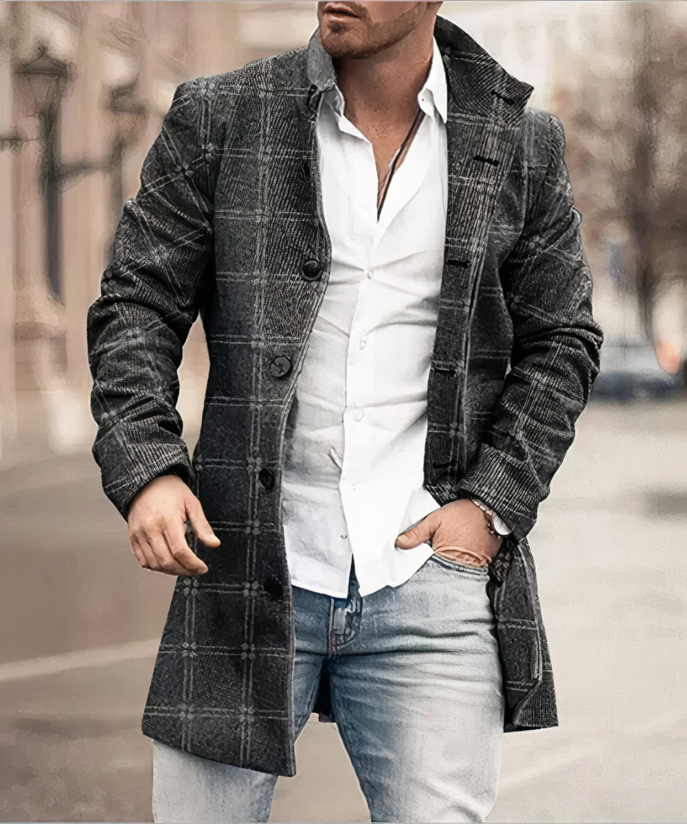 Men's textured stand collar coat with button front and patch pockets