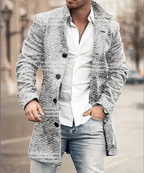 Men's textured stand collar coat with button front and patch pockets
