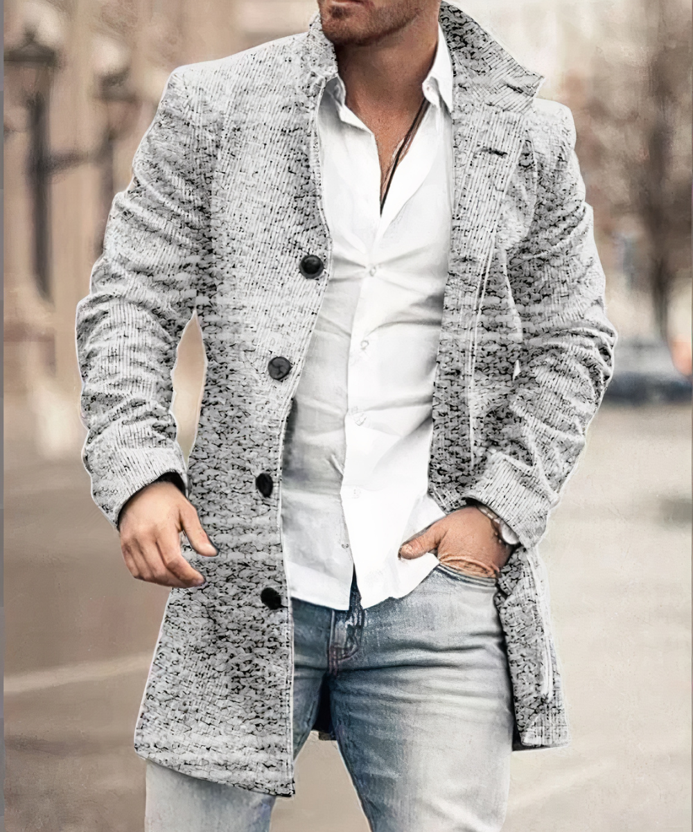 Men's textured stand collar coat with button front and patch pockets