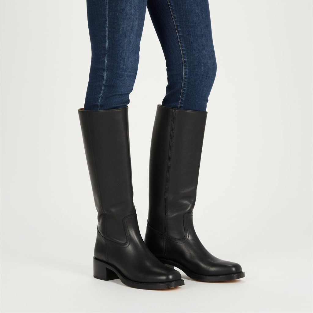 Women's knee-high panel boots with block heel