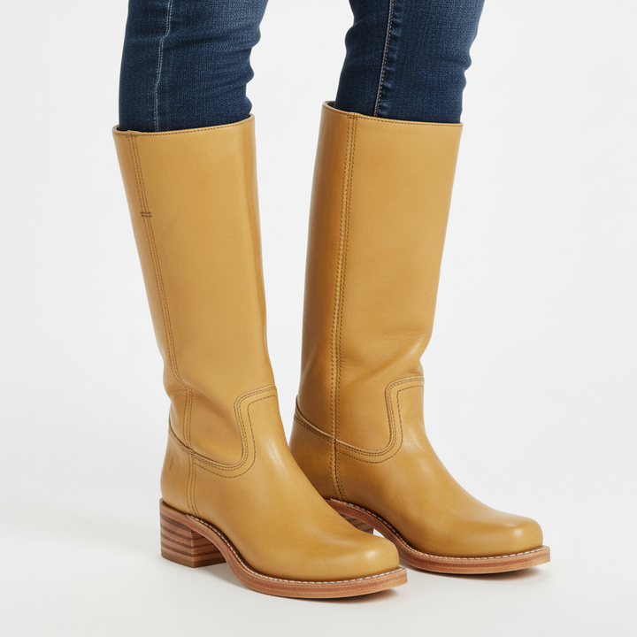 Women's knee-high panel boots with block heel