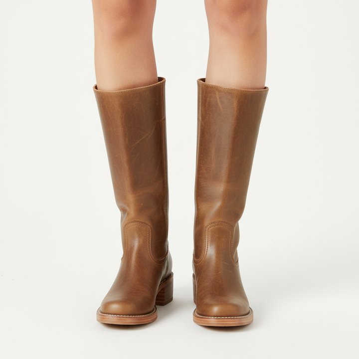Women's knee-high panel boots with block heel