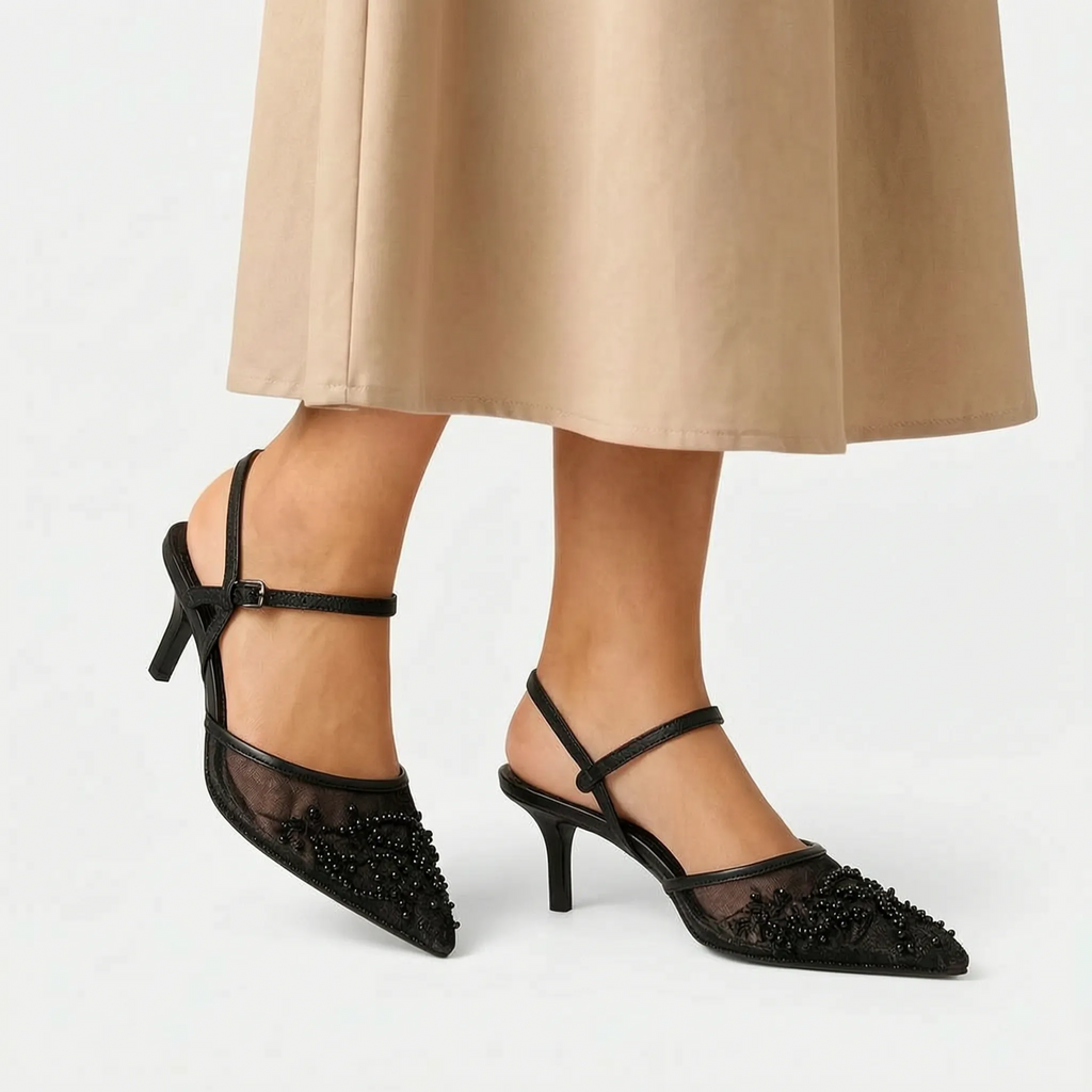 Aveline  - Embroidered Sheer Slingback Heels Wedding Guest Outfits