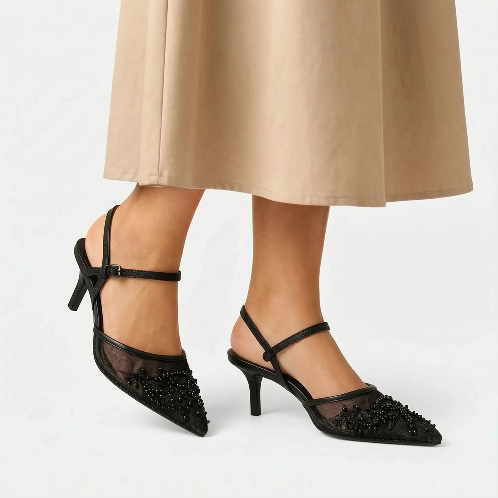 Aveline  - Embroidered Sheer Slingback Heels Wedding Guest Outfits