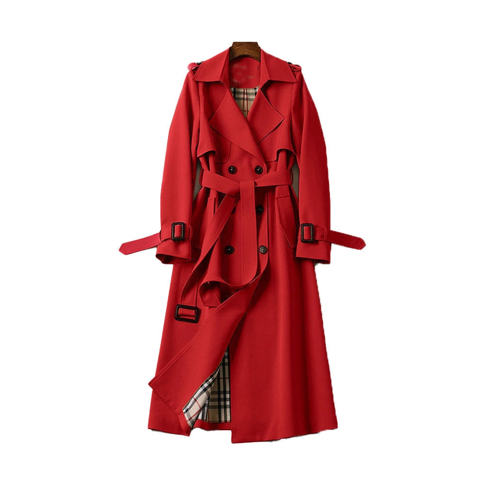 Women's long double-breasted trench coat with belt, lapel collar and cuff buckles