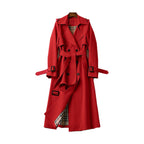Women's long double-breasted trench coat with belt, lapel collar and cuff buckles