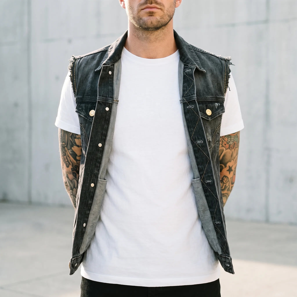 Axler  - Distressed Sleeveless Trucker Style Waistcoat Everyday Casual Layering