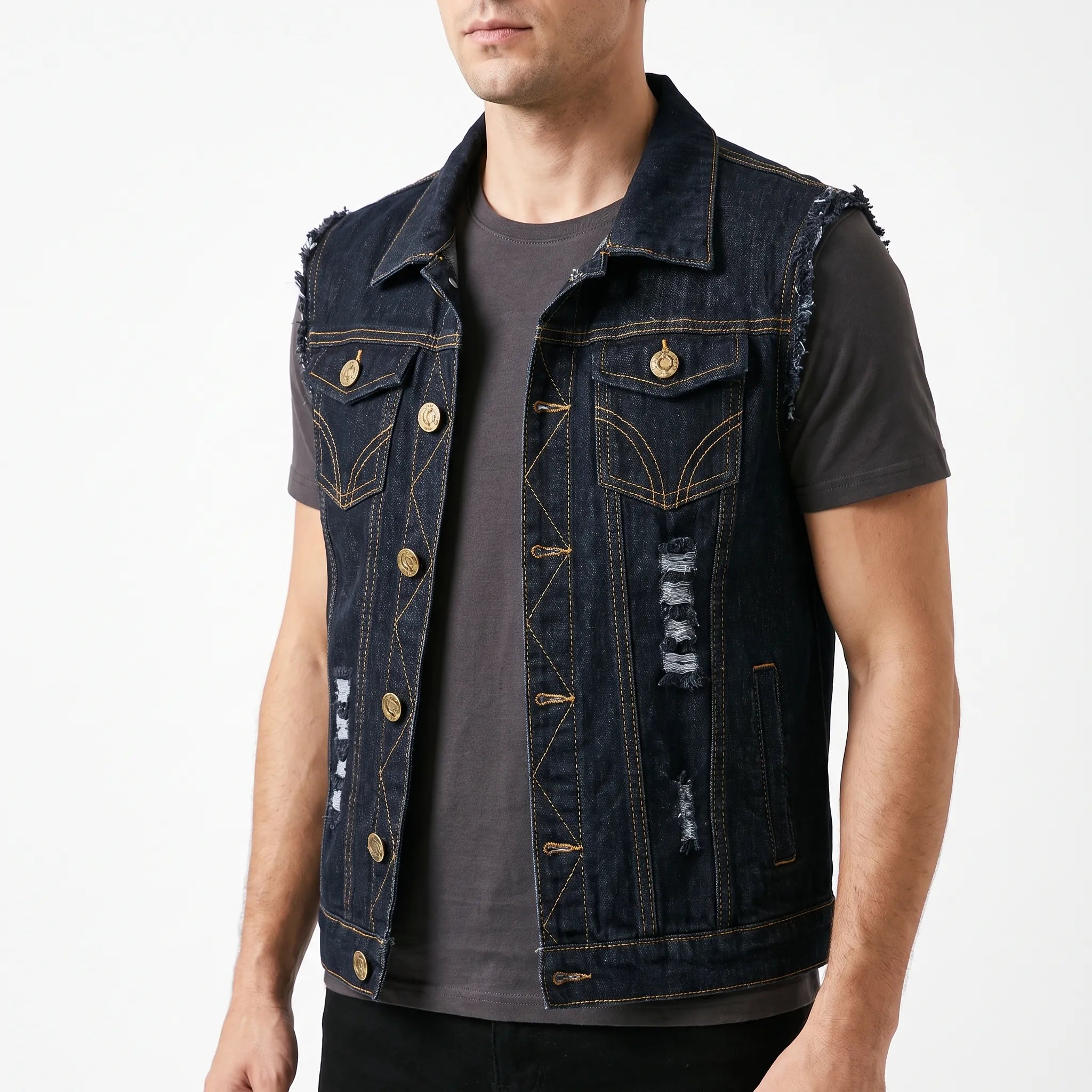 Axler  - Distressed Sleeveless Trucker Style Waistcoat Everyday Casual Layering