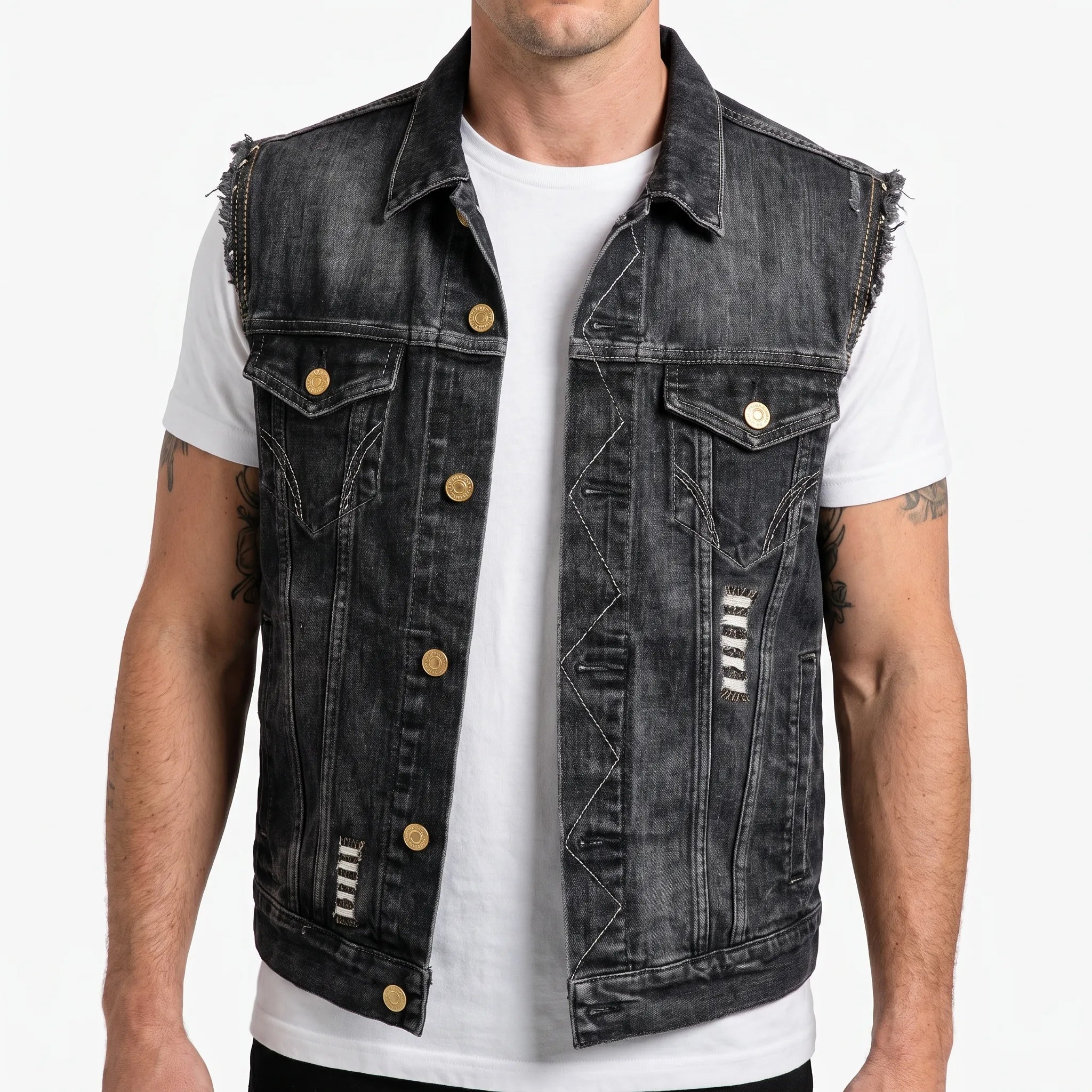 Axler  - Distressed Sleeveless Trucker Style Waistcoat Everyday Casual Layering