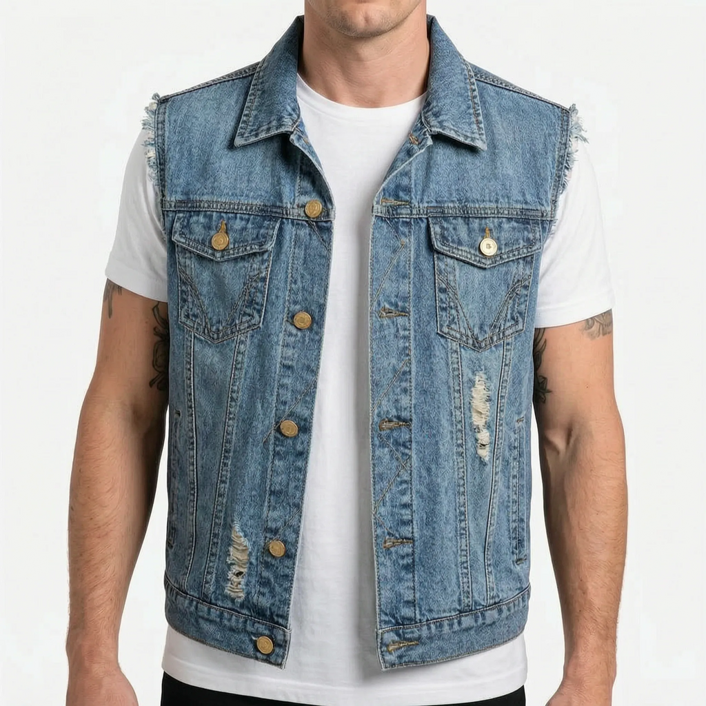 Axler  - Distressed Sleeveless Trucker Style Waistcoat Everyday Casual Layering