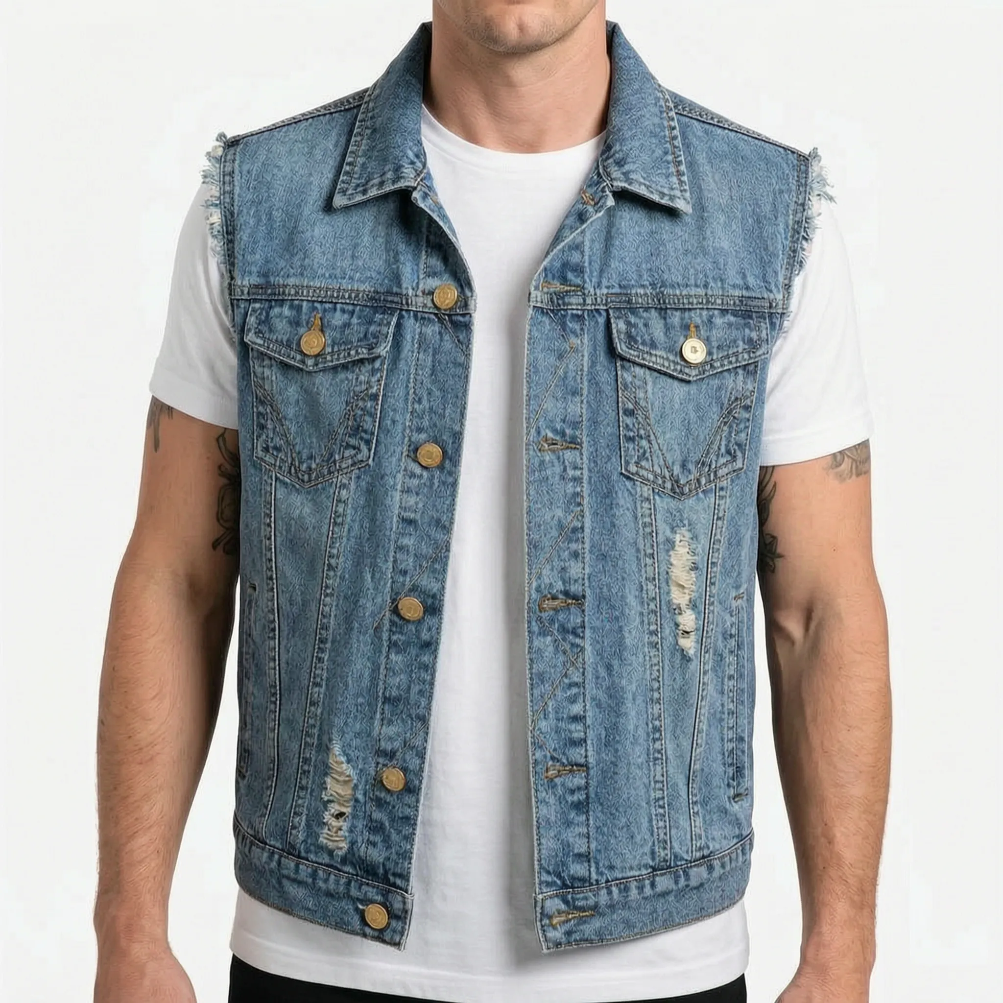 Axler  - Distressed Sleeveless Trucker Style Waistcoat Everyday Casual Layering