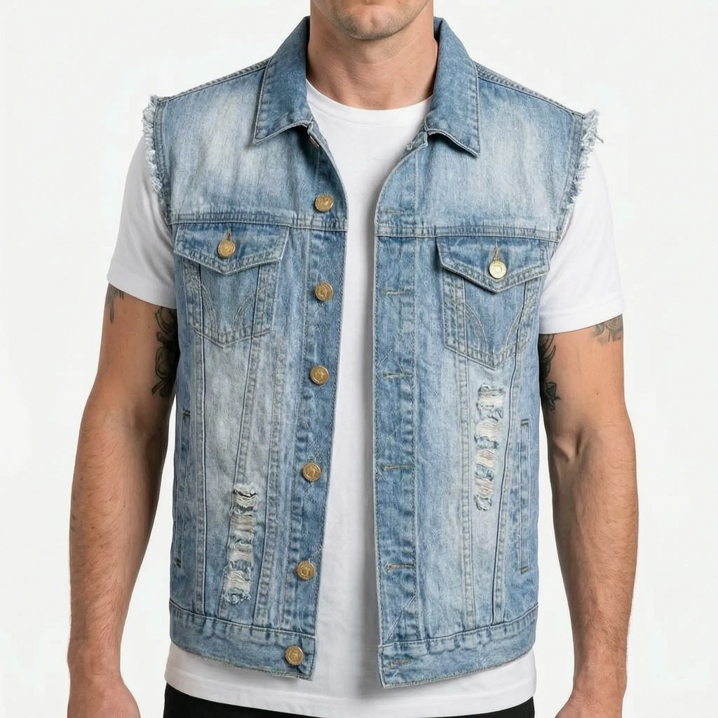 Axler  - Distressed Sleeveless Trucker Style Waistcoat Everyday Casual Layering