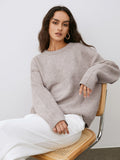 Women's camel crew neck jumper with long sleeves and ribbed trims