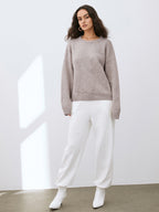 Women's camel crew neck jumper with long sleeves and ribbed trims