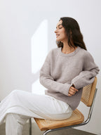 Women's camel crew neck jumper with long sleeves and ribbed trims
