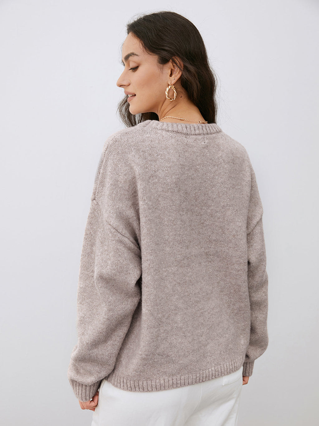 Women's camel crew neck jumper with long sleeves and ribbed trims