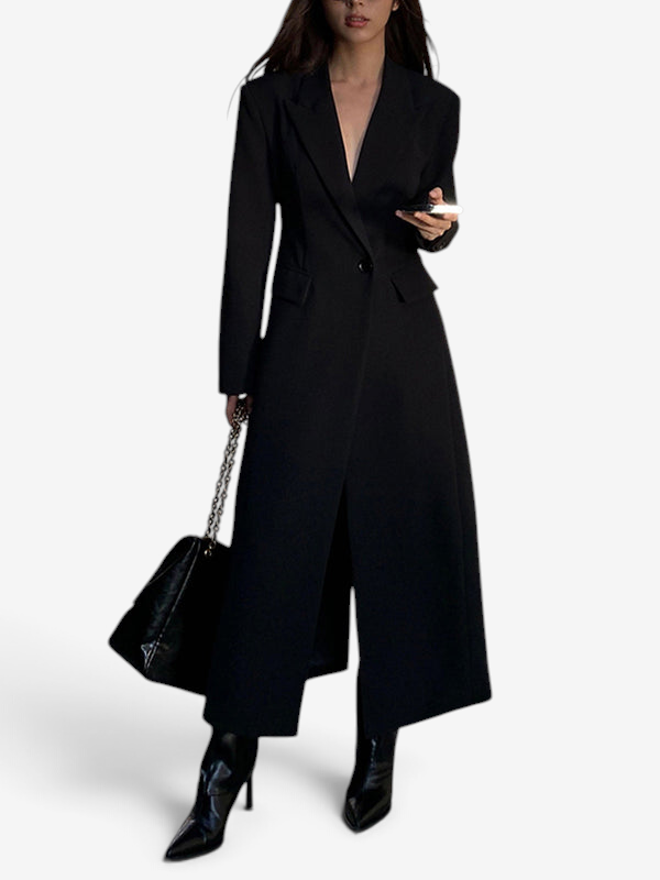 Women's long black tailored coat with lapels and one-button closure