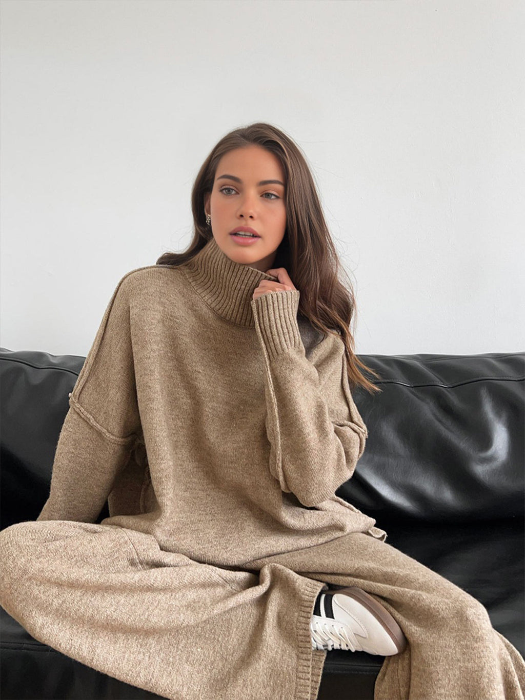 Women's knit turtleneck sweater and wide-leg trouser lounge set