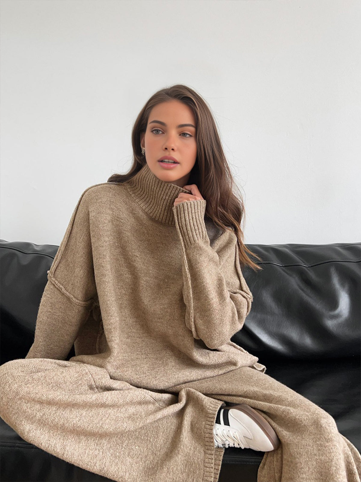 Women's knit turtleneck sweater and wide-leg trouser lounge set