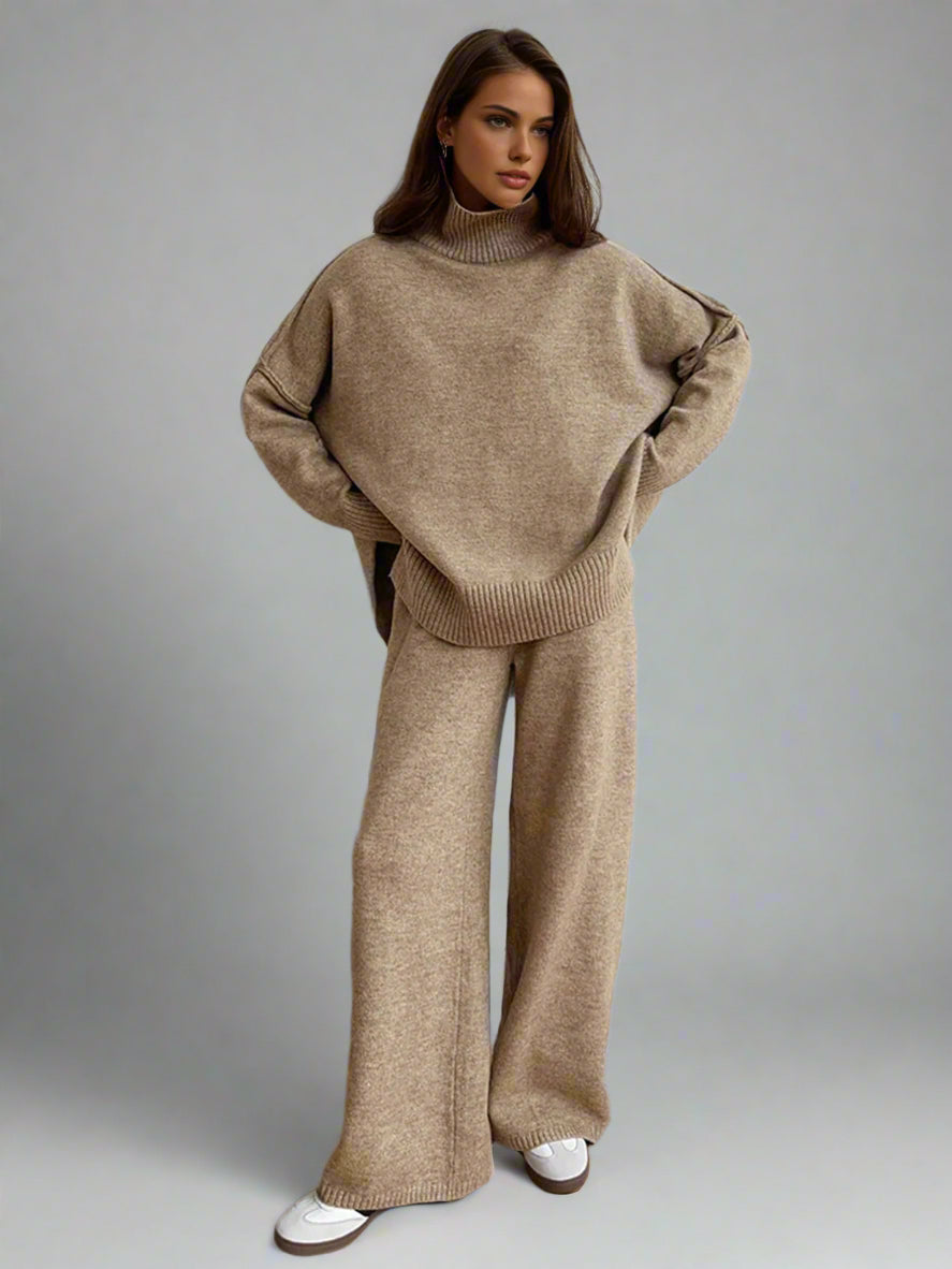Women's knit turtleneck sweater and wide-leg trouser lounge set