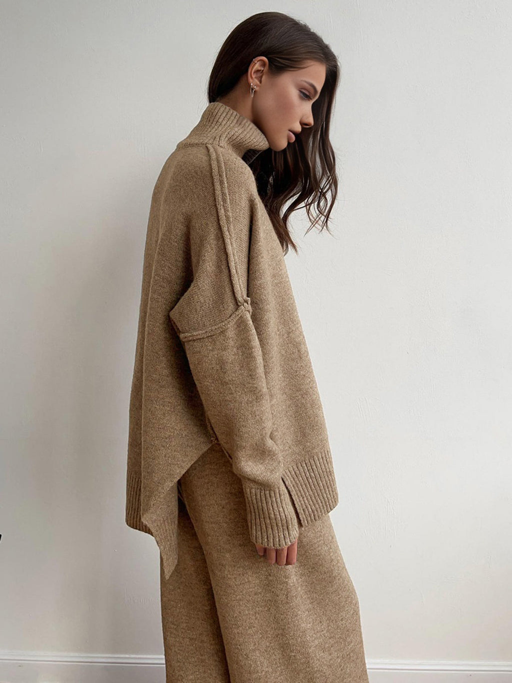Women's knit turtleneck sweater and wide-leg trouser lounge set