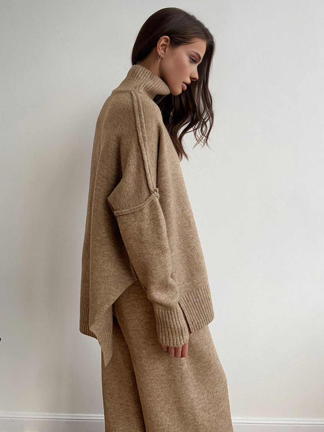 Women's knit turtleneck sweater and wide-leg trouser lounge set