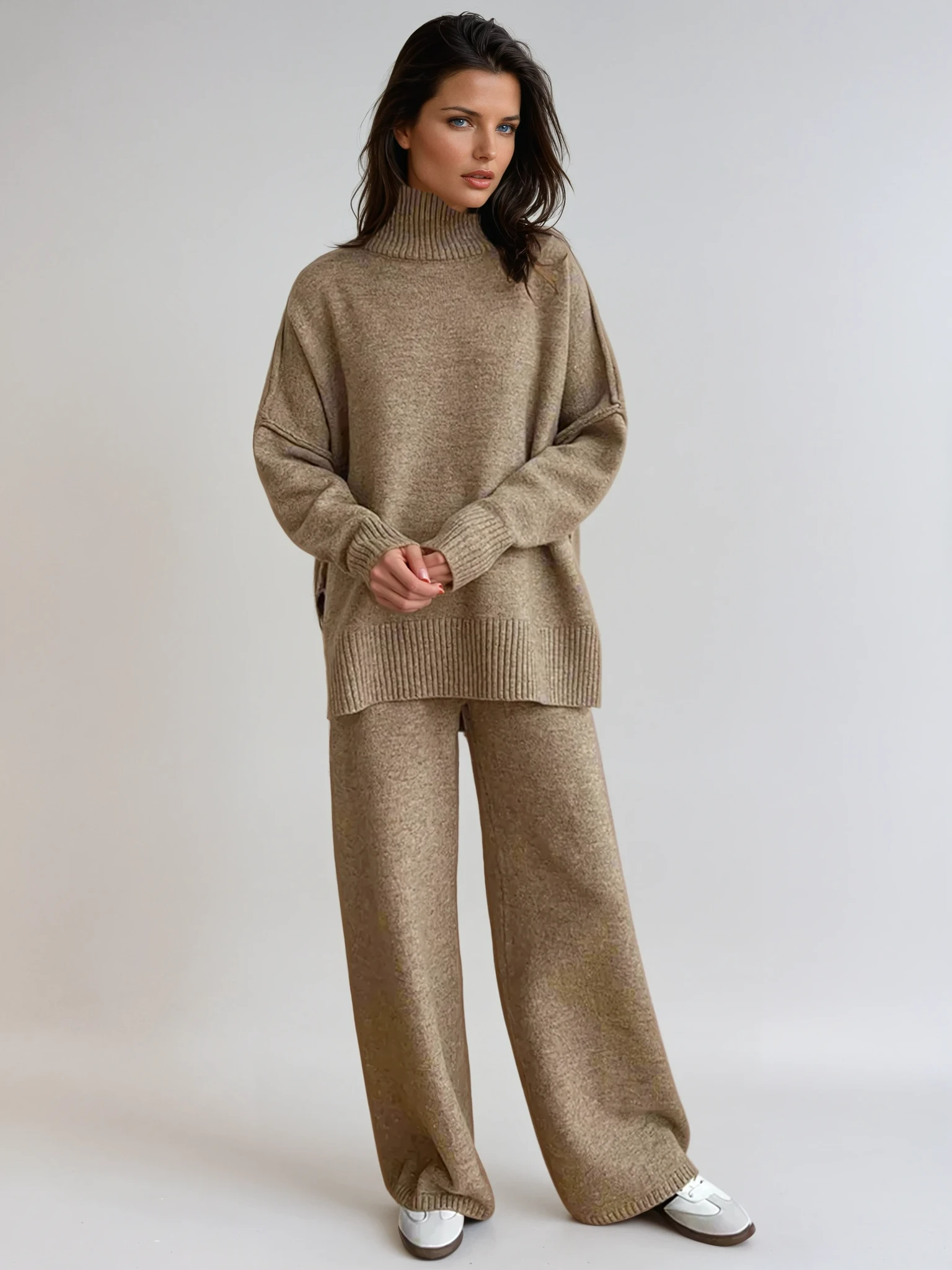 Women's knit turtleneck sweater and wide-leg trouser lounge set