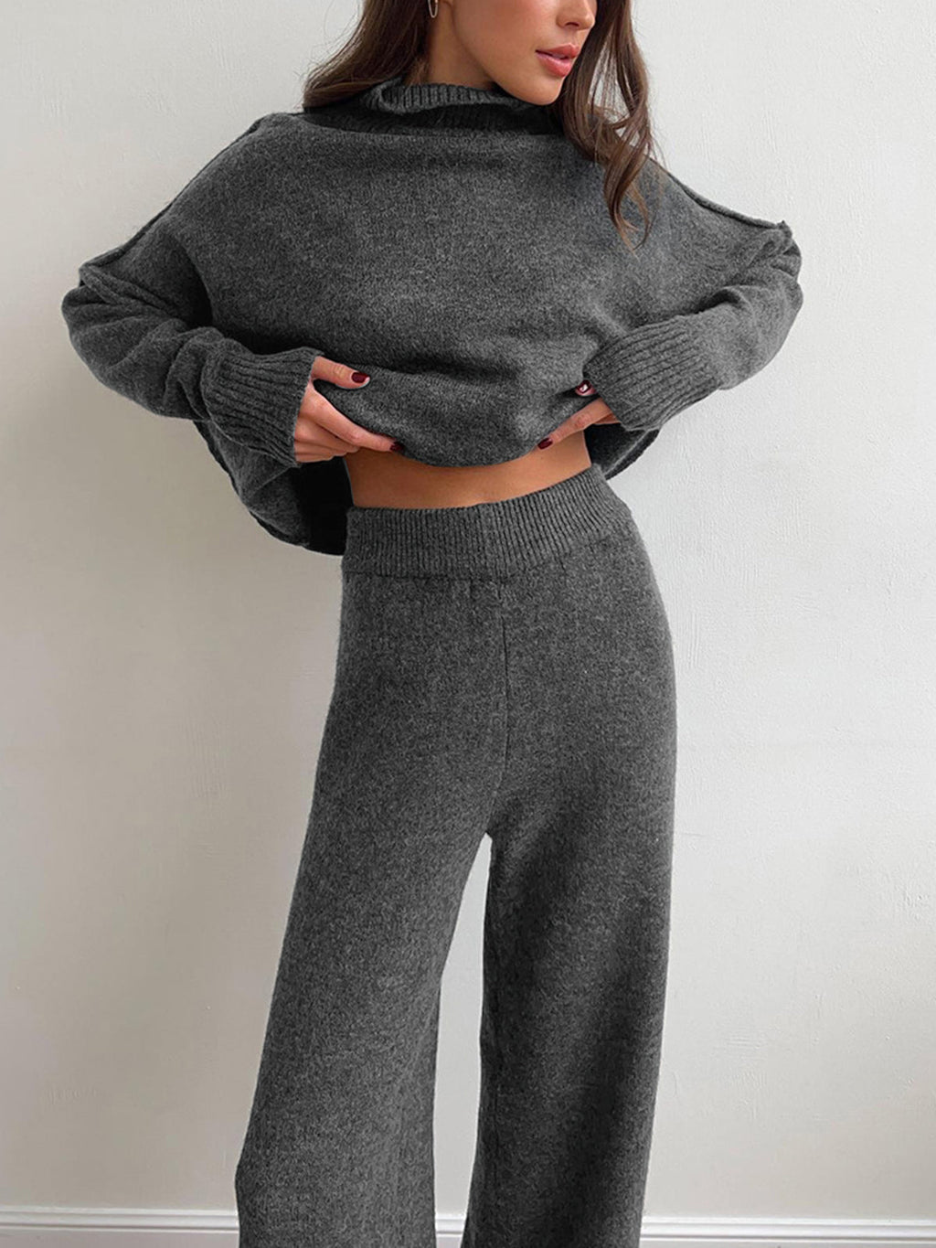 Women's knit turtleneck sweater and wide-leg trouser lounge set