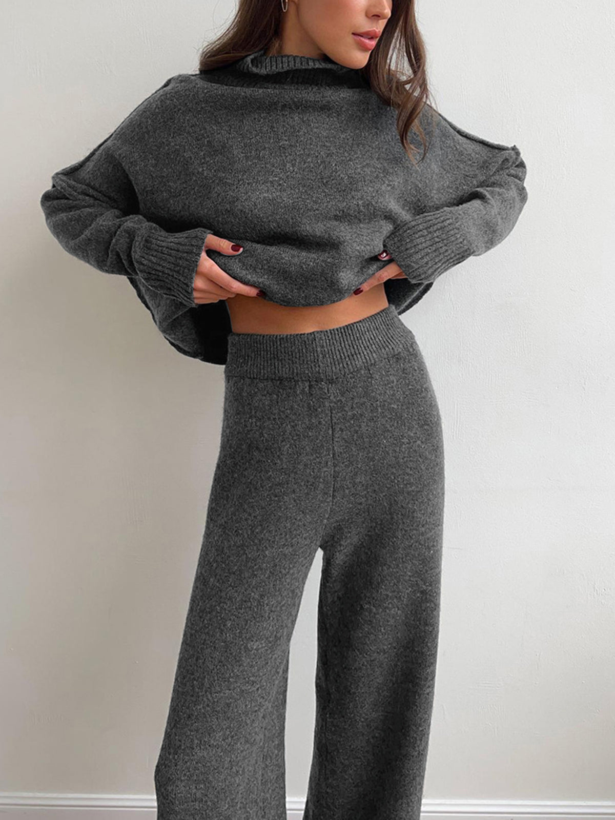 Women's knit turtleneck sweater and wide-leg trouser lounge set