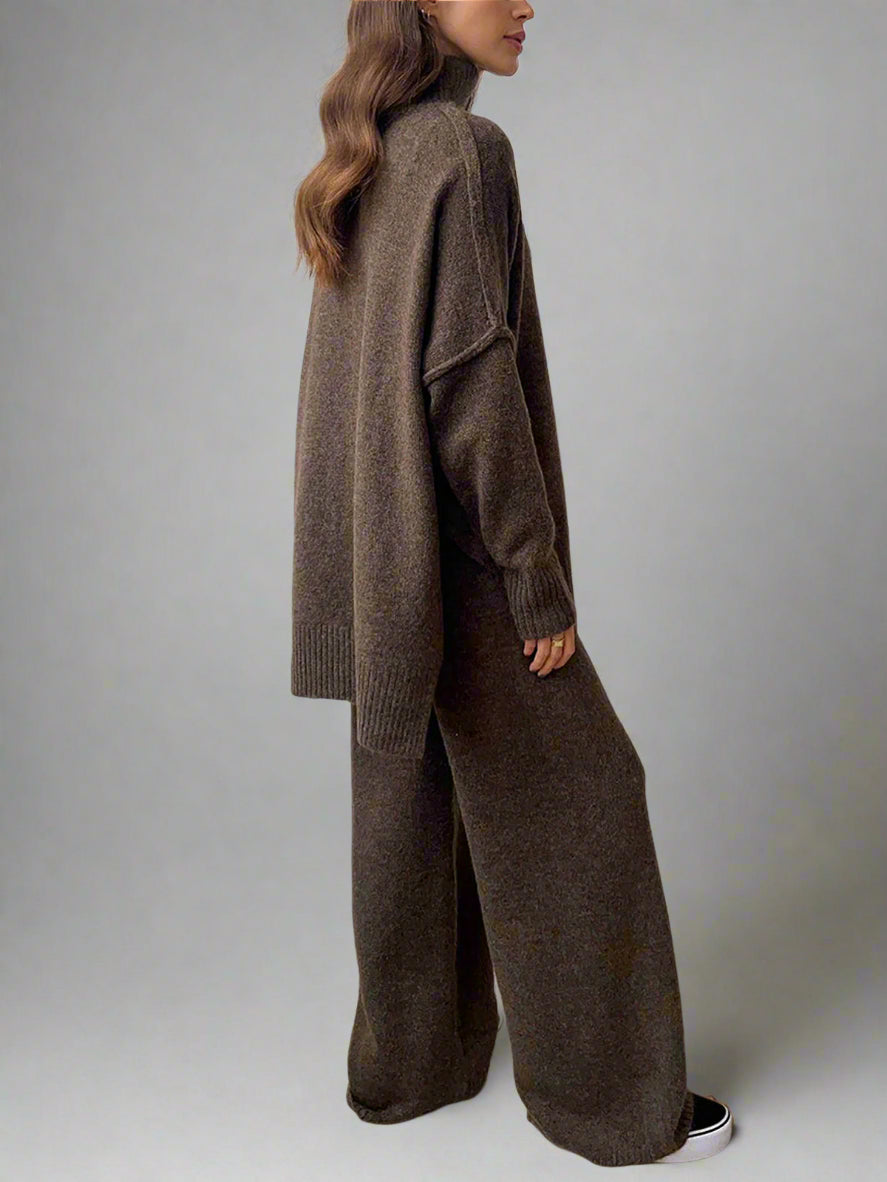 Women's knit turtleneck sweater and wide-leg trouser lounge set