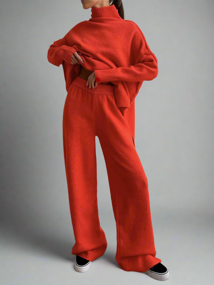 Women's knit turtleneck sweater and wide-leg trouser lounge set