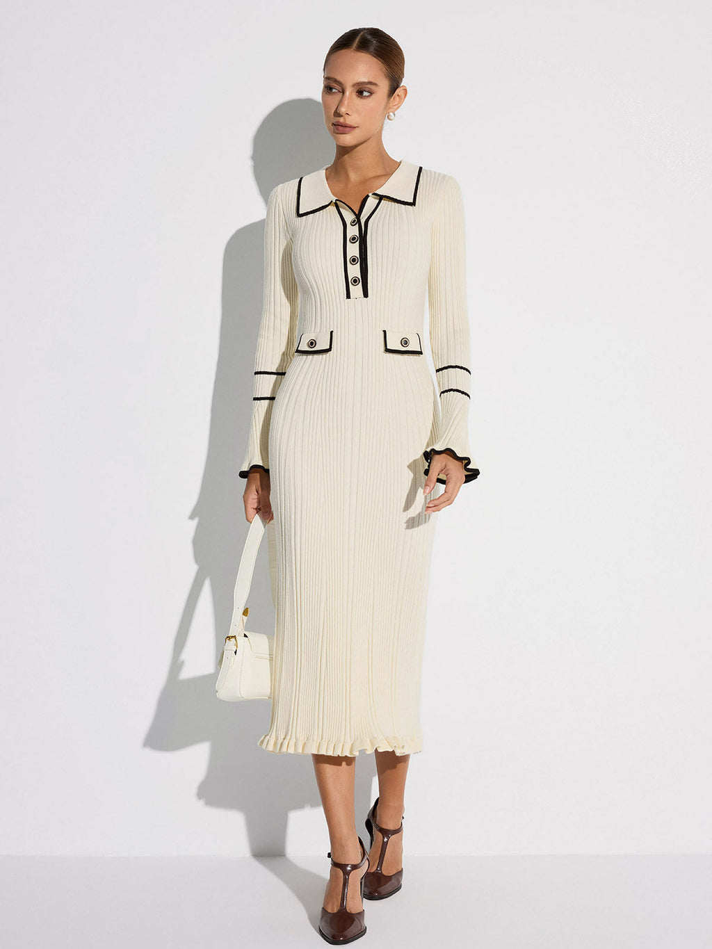 Women's off white ribbed midi sweater dress with contrast trim, collar, buttons and long sleeves