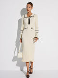 Women's off white ribbed midi sweater dress with contrast trim, collar, buttons and long sleeves