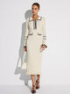 Women's off white ribbed midi sweater dress with contrast trim, collar, buttons and long sleeves