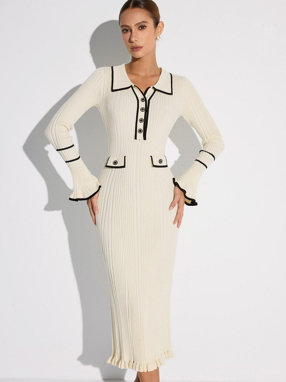 Women's off white ribbed midi sweater dress with contrast trim, collar, buttons and long sleeves